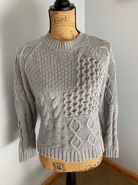 RD Style Chunky Cable Knit Crewneck Sweater - Light Gray - Women Small
